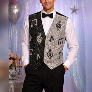 JC Brand Vintage 1980s 90s Music Note Silver Sequin Men's Formal Vest sz XXXL